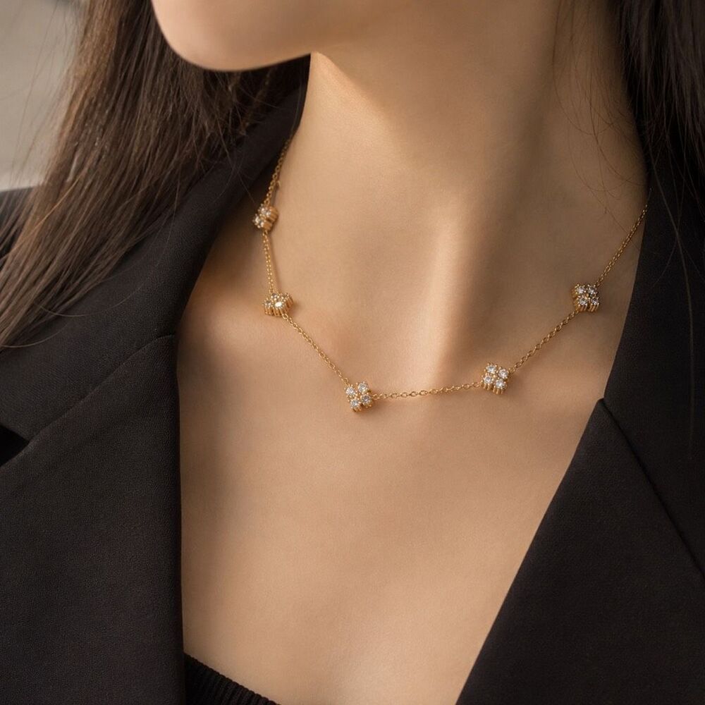 Gold Tone Clover Crystal Station Necklace Dainty Floral Chain Alhambra Style